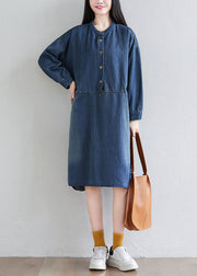 Italian Navy O Neck Patchwork Denim Dress Spring