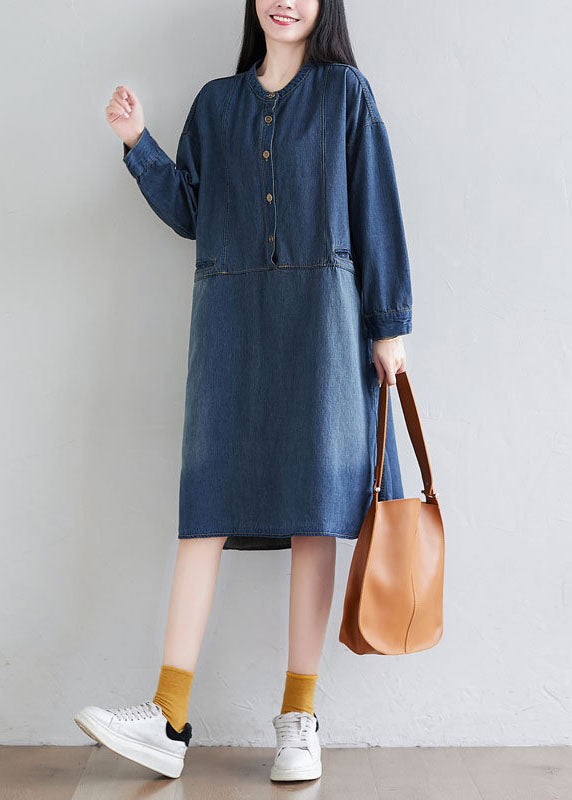 Italian Navy O Neck Patchwork Denim Dress Spring