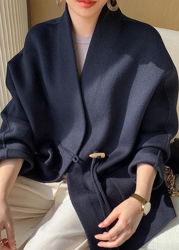 Italian Navy Oversized Pockets Tassel Woolen Coat Winter