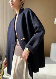 Italian Navy Oversized Pockets Tassel Woolen Coat Winter