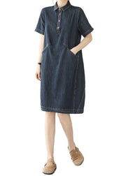 Italian Navy Peter Pan Collar Pockets Patchwork Denim Shirts Dress Summer