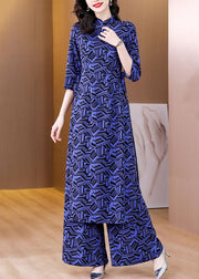 Italian Navy Print Side Open Chiffon Two Piece Set Women Clothing Spring