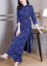 Italian Navy Print Side Open Chiffon Two Piece Set Women Clothing Spring