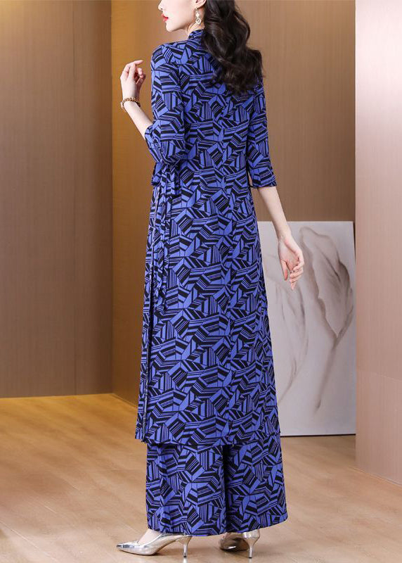 Italian Navy Print Side Open Chiffon Two Piece Set Women Clothing Spring