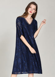 Italian Navy V Neck Embroideried Patchwork Lace Dress Summer