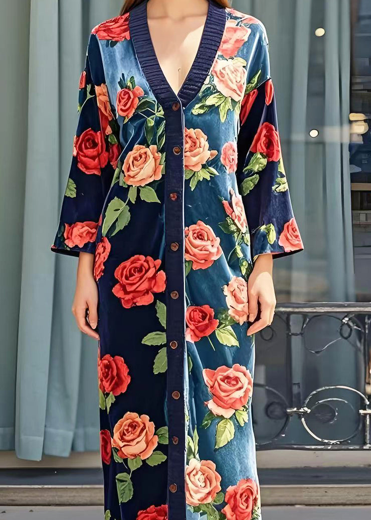 Italian Navy V Neck Floral Silk Velvet Long Dress Spring