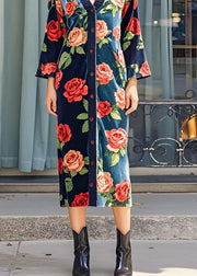 Italian Navy V Neck Floral Silk Velvet Long Dress Spring