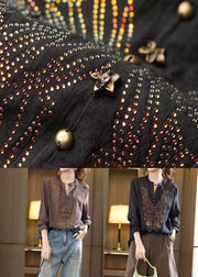 Italian New Black V Neck Zircon Patchwork Chiffon Shirts Fall