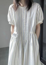 Italian O-Neck Striped Cinched Patchwork Party Long Dress Short Sleeve