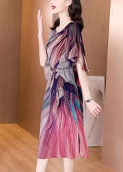 Italian O-Neck Tie Dye Side Open Tie waist Silk Long Dresses Summer