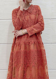 Italian Orange Peter Pan Collar Embroideried Patchwork Tulle Dresses Long Sleeve