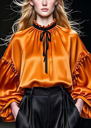 Italian Orange Ruffled Lace Up Silk Shirt Long Sleeve