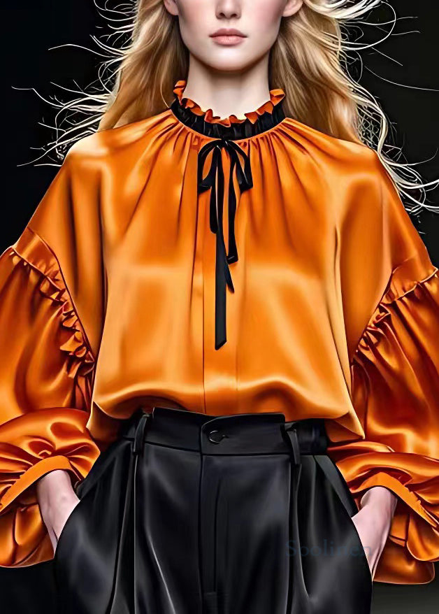 Italian Orange Ruffled Lace Up Silk Shirt Long Sleeve