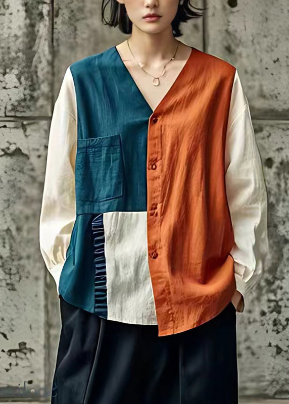 Italian Orange Wrinkled Patchwork Pockets Tops Long Sleeve