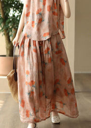 Italian Orange Wrinkled Print Patchwork Linen Skirt Summer