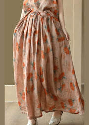 Italian Orange Wrinkled Print Patchwork Linen Skirt Summer