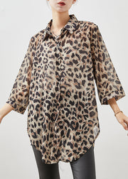 Italian Oversized Leopard Print Chiffon Blouse Top Bracelet Sleeve