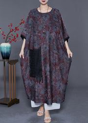 Italian Oversized Patchwork Tassel Silk Maxi Dresses Batwing Sleeve