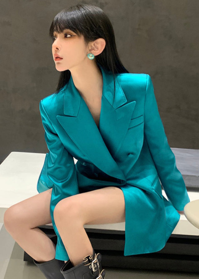 Italian Peacock Blue Notched Button Spandex Coats Long Sleeve