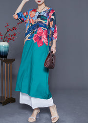 Italian Peacock Blue O-Neck Print Chiffon Maxi Dresses Half Sleeve