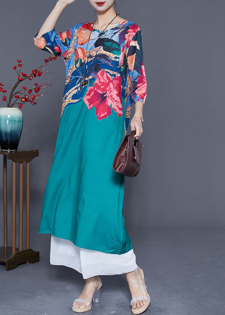 Italian Peacock Blue O-Neck Print Chiffon Maxi Dresses Half Sleeve