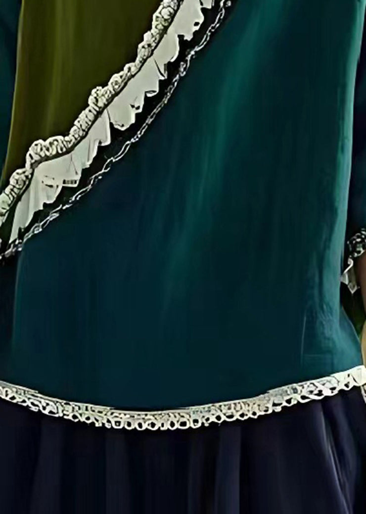 Italian Peacock Green Asymmetrical Patchwork Linen Blouse Top Summer