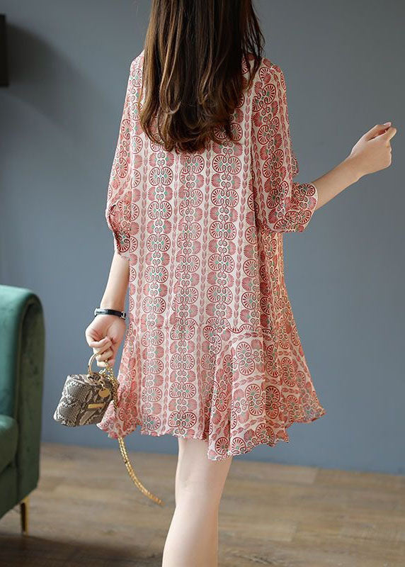 Italian Pink Bow Print Patchwork Chiffon Mid Dress Summer