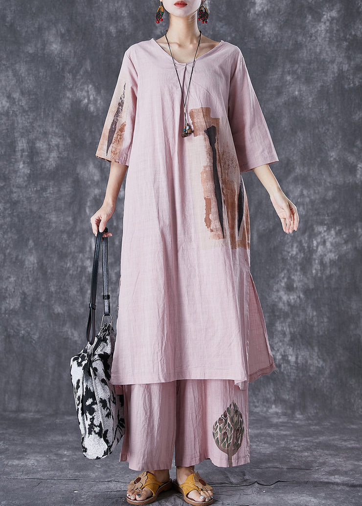 Italian Pink Oversized Print Linen Dress And Pants Women Sets 2 Pieces Summer