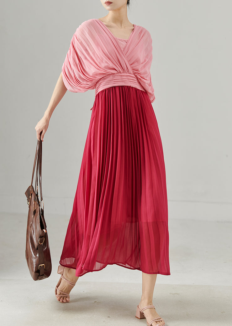 Italian Pink Patchwork Chiffon Pleated Dress Summer