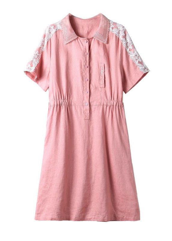 Italian Pink Peter Pan Collar Lace Patchwork Cotton Mid Dress Summer