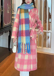 Italian Pink Plaid Tie Waist Thick Woolen Loose Coat Winter