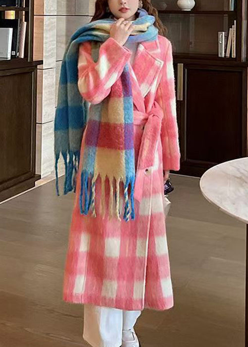 Italian Pink Plaid Tie Waist Thick Woolen Loose Coat Winter