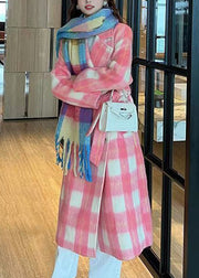 Italian Pink Plaid Tie Waist Thick Woolen Loose Coat Winter