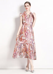 Italian Pink Print Ruffled Lace Up Patchwork Chiffon Long Dresses Summer