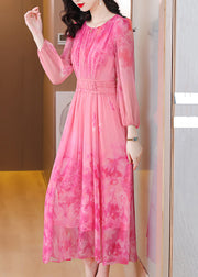 Italian Pink Print Tie Waist Chiffon Long Dress Long Sleeve