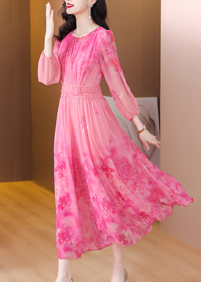 Italian Pink Print Tie Waist Chiffon Long Dress Long Sleeve