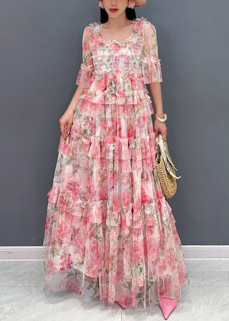 Italian Pink Ruffled Print Chiffon Long Dresses Half Sleeve