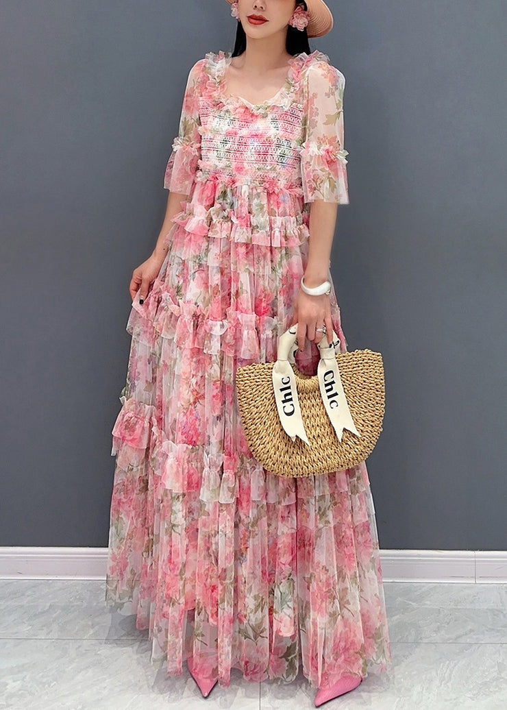 Italian Pink Ruffled Print Chiffon Long Dresses Half Sleeve