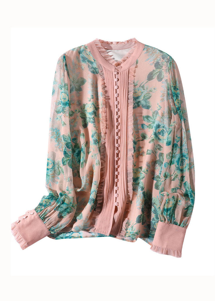 Italian Pink Ruffled Print Patchwork Silk Shirts Spring