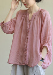 Italian Pink-orange flower V Neck Button Loose Fall Half Sleeve Blouse Top