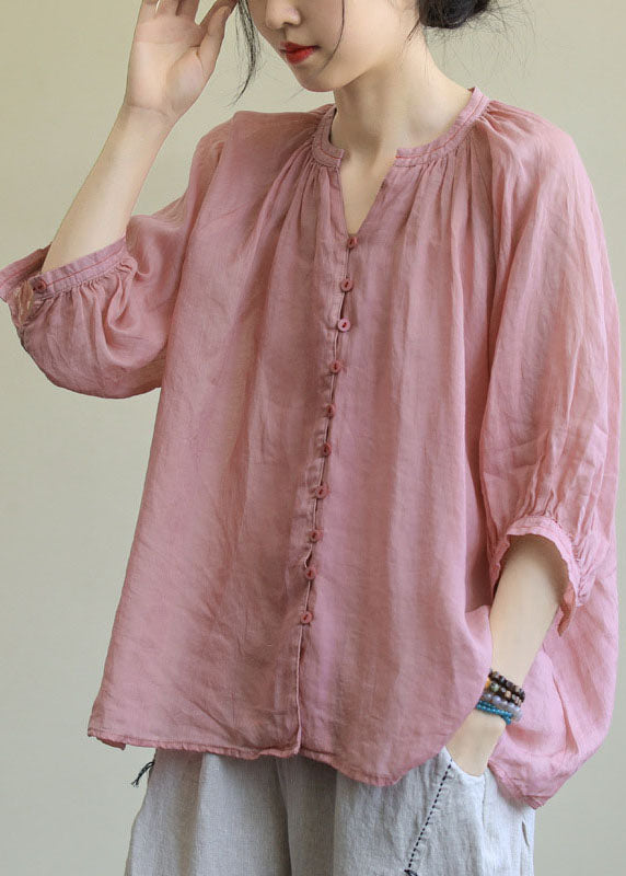 Italian Pink-red flower V Neck Button Loose Fall Half Sleeve Blouse Top