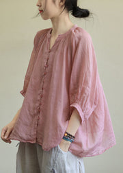 Italian Pink-orange flower V Neck Button Loose Fall Half Sleeve Blouse Top