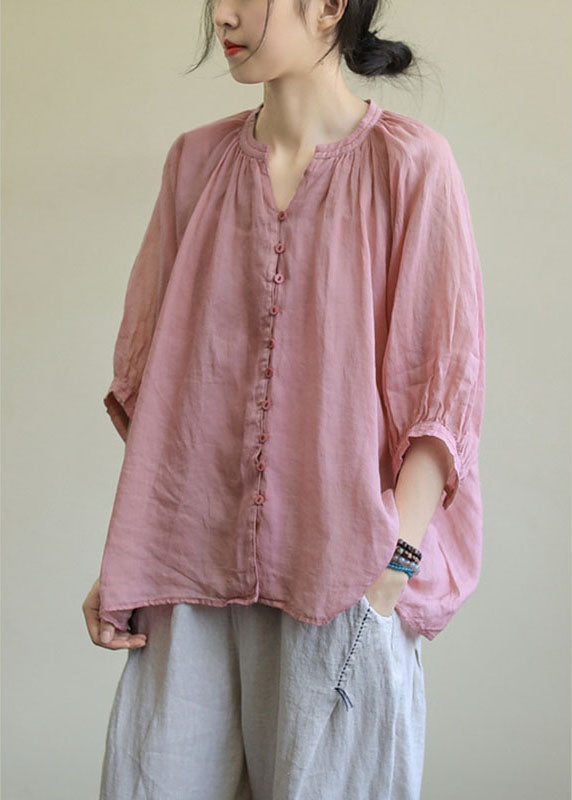 Italian Pink-orange flower V Neck Button Loose Fall Half Sleeve Blouse Top