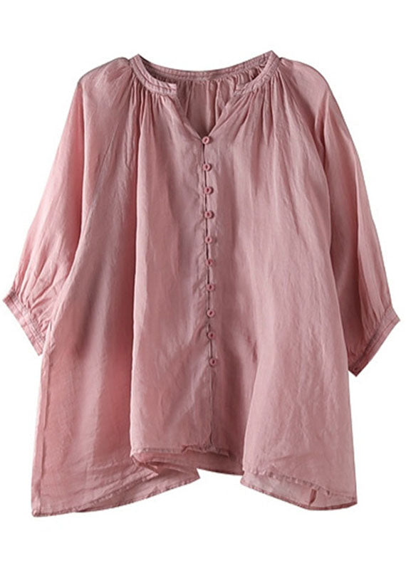 Italian Pink-rose flower V Neck Button Loose Fall Half Sleeve Blouse Top