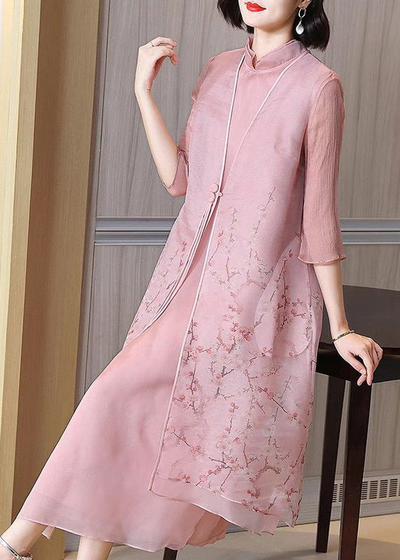 Italian Pink V Neck Button Print Chiffon Sets 2 Pieces Spring