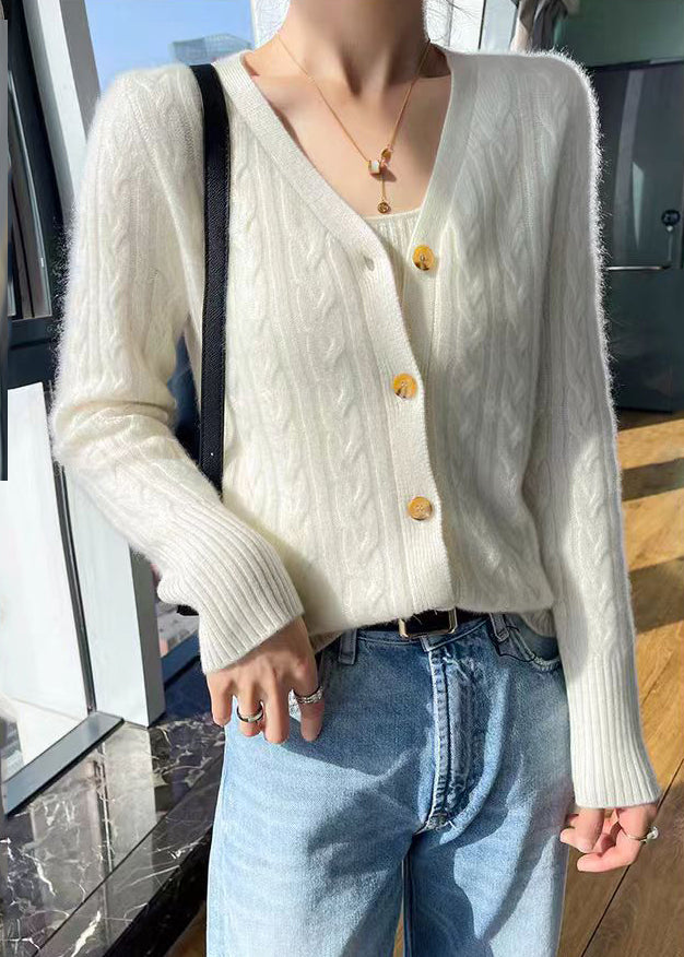 Italian Pink V Neck Solid Cable Wool Knit Cardigans Fall