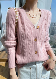 Italian Pink V Neck Solid Cable Wool Knit Cardigans Fall