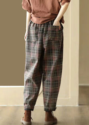 Italian Plaid Pockets Elastic Waist Denim Crop Pants Spring