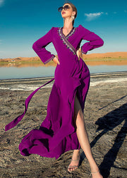 Italian Purple Asymmetrical Ruffled Patchwork Tassel Chiffon Maxi Dress Long Sleeve