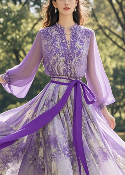 Italian Purple Cinched Print Chiffon Long Dress Fall